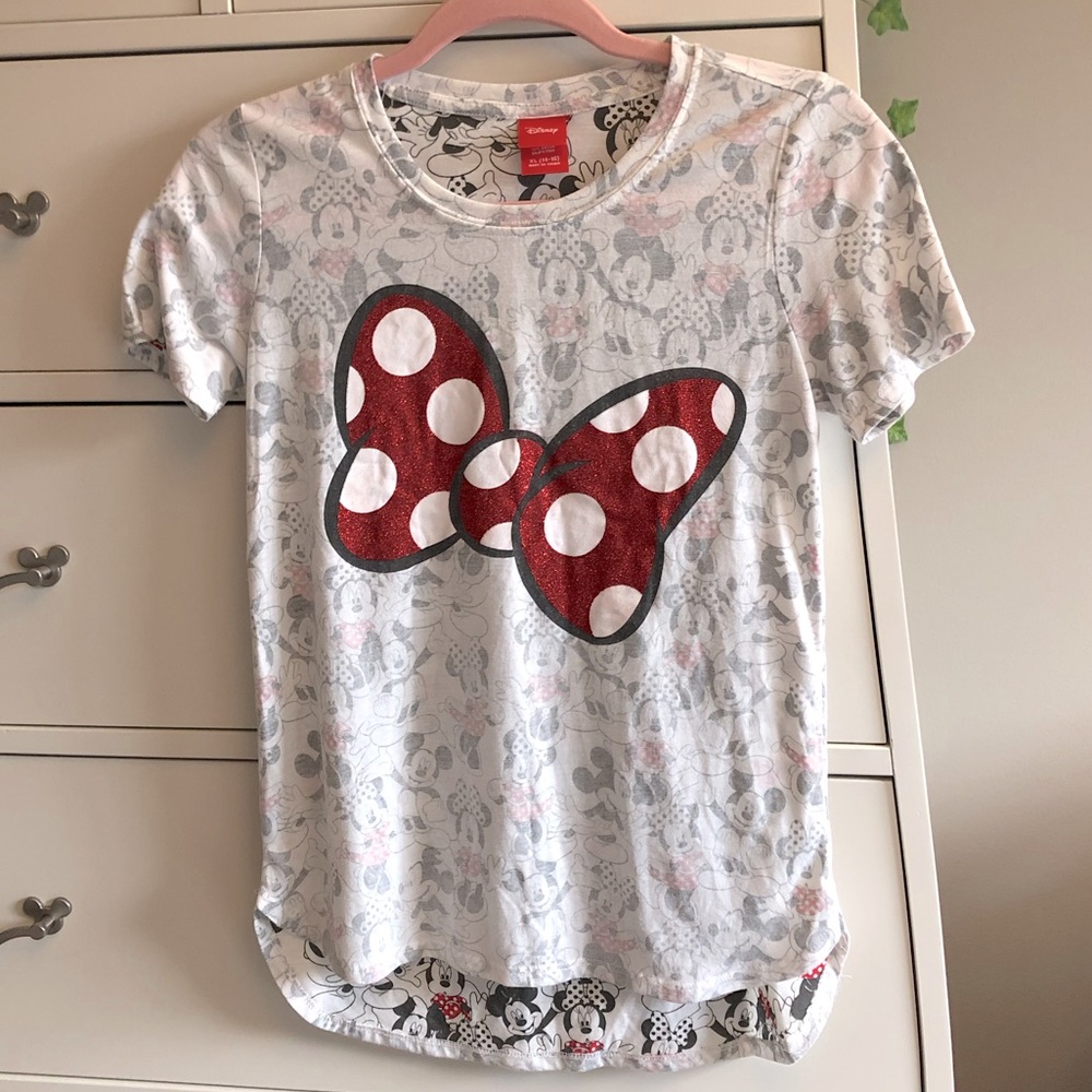 HP✨Disney Minnie and Mickey Glitter Bow Short Sleeve Tee/T-Shirt Size:XL(14-16)
